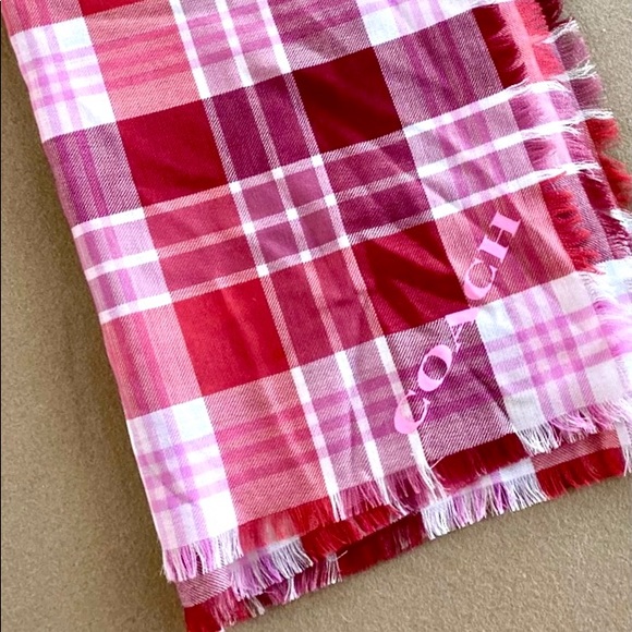 COACH Authentic Red White Plaid Fringe Large Oversized Scarf NEW - Picture 3 of 5